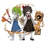  2girls absurdres ascot bangs black_footwear black_hair black_skirt blue_dress blue_eyes bow closed_mouth collared_shirt colored_skin cookie_(touhou) daiyousei diyusi_(cookie) dress expressionless fire flat_chest full_body green_hair grin hair_between_eyes hair_bow high-visibility_vest highres holding holding_sign looking_at_viewer medium_hair multiple_girls pinafore_dress ponytail red_ascot red_bow red_eyes road_sign shaded_face shirt shoes short_sleeves sign simple_background siyudi_(cookie) skirt smile socks standing suspender_skirt suspenders touhou traffic_baton warning_sign watanabe_(seizouhanbai) white_background white_footwear white_shirt white_skin white_socks yellow_bow 