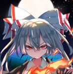  1girl bow closed_mouth collarbone fire fujiwara_no_mokou full_moon grey_hair hair_bow highres long_hair looking_at_viewer moon muraryo outdoors red_eyes solo touhou upper_body v-shaped_eyebrows white_bow 