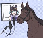  :d blue_background blue_eyes bridle brown_hair clenched_hand commentary creature_and_personification daring_tact_(racehorse) daring_tact_(umamusume) horse horse_girl microphone monitor no_humans obushideian polka_dot polka_dot_background real_life recording school_uniform simple_background smile tracen_school_uniform umamusume 