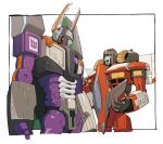  black_border border expressionless looking_down looking_up mecha megatron open_mouth orange_eyes robot science_fiction shoulder_cannon starscream transformers transformers_armada vetania white_background wings 