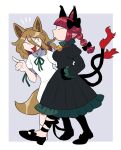  2girls ;d animal_ear_fluff animal_ears animal_hands bangs bell black_bow black_footwear black_ribbon blonde_hair blunt_bangs bow braid cat_ears cat_paws cat_tail closed_eyes commentary dress fish_bone flame-tipped_tail footwear_bow fox_ears fox_tail frilled_dress frills full_body furukawa_(yomawari) green_ribbon grey_dress hair_bow hand_on_hip highres jingle_bell juliet_sleeves kaenbyou_rin kudamaki_tsukasa leg_ribbon long_hair long_sleeves looking_at_another mouth_hold multiple_girls multiple_tails notice_lines one_eye_closed open_mouth pointy_ears puffy_sleeves redhead ribbon romper smile tail touhou twin_braids two_tails white_romper yellow_eyes 