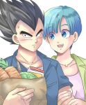  1boy 1girl bag bead_necklace beads black_eyes black_hair blue_eyes blue_hair bulma cabbage carrot dragon_ball dragon_ball_super earrings frown grocery_bag husband_and_wife jewelry necklace open_mouth paper_bag pesogin shopping_bag short_hair smile stud_earrings vegeta widow&#039;s_peak 