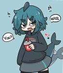  1girl afterimage arrow_(symbol) black_hoodie black_thighhighs blue_background blue_eyes blue_hair blush commentary_request cup disposable_cup drinking_straw fish_tail fuka-chan grey_skirt heart highres holding holding_cup hood hood_down hoodie looking_at_viewer master_sgt_mine open_mouth original shark_tail sharp_teeth short_eyebrows simple_background skirt solo tail tail_wagging teeth thick_eyebrows thigh-highs upper_teeth v-shaped_eyebrows 