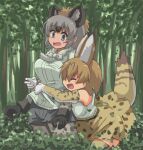  2girls ^_^ animal_ears animal_print arms_around_waist arms_at_sides arms_up bangs bare_shoulders bent_over black_hair bodystocking brown_hair bush closed_eyes day elbow_gloves fur_scarf gloves grey_eyes grey_hair hane_(kirschbaum) hug hug_from_behind hyena_ears kemono_friends layered_sleeves light_brown_hair long_hair long_sleeves looking_at_another medium_hair multicolored_hair multiple_girls open_mouth outdoors pocket print_gloves print_skirt print_sleeves print_thighhighs scarf serval_(kemono_friends) serval_print shirt short_over_long_sleeves short_sleeves skirt sleeveless sleeveless_shirt smile spotted_hyena_(kemono_friends) standing surprised tail thigh-highs tree white_shirt wide-eyed zettai_ryouiki 