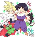  4boys apple black_hair blonde_hair cape dragon_ball dragon_ball_z eating food frown fruit great_saiyaman green_eyes male_child male_focus monkey_tail multiple_boys multiple_persona open_mouth pesogin pose red_cape serious shoulder_pads smile son_gohan squatting sunglasses super_saiyan tail 