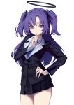  1girl :i absurdres blue_archive blue_necktie halo hand_on_hip hand_on_own_chin highres jacket long_hair miniskirt necktie purple_hair school_uniform simple_background skirt solo thighs two_side_up yoon_cook yuuka_(blue_archive) 