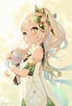  bangs blush bouquet dress female_child from_side green_eyes hair_between_eyes hair_ornament highres holding holding_bouquet long_hair looking_at_viewer nahida_(genshin_impact) pointy_ears ponytail sleeveless sleeveless_dress smile white_dress white_hair 