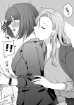  ! !! 2girls absurdres blush closed_eyes commentary_request earrings greyscale heart highres jewelry kiss kissing_neck monochrome multiple_girls namaniku_(nmnk2020) original parted_lips short_hair spoken_exclamation_mark sweat yuri 