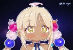  1girl :o bangs blonde_hair chibi collarbone dark-skinned_female dark_skin halterneck hololive hololive_english kukie-nyan limiter_(tsukumo_sana) meme portrait solo space space_cat_(meme) tsukumo_sana twintails upper_body virtual_youtuber yellow_eyes 