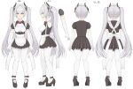  1girl absurdres ankle_belt apron bangs belt black_dress black_footwear bow bowtie breasts commentary_request demon_girl demon_horns dress elbow_gloves frilled_apron frills gloves grey_hair hair_belt hakaba_(dairiseki) high_heels highres horns large_breasts long_hair looking_at_viewer maid maid_apron maid_headdress multiple_views official_art open_mouth pantyhose red_bow red_bowtie red_eyes reference_sheet second-party_source short_sleeves standing tama_project tamatoyz twintails very_long_hair virtual_youtuber weiss_anne white_gloves white_pantyhose 