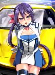  1girl absurdres akebono_(kancolle) bell black_thighhighs car cowboy_shot dress flower gloves ground_vehicle hair_bell hair_flower hair_ornament highres jacket jingle_bell kantai_collection long_hair looking_at_viewer motor_vehicle on_vehicle purple_hair racequeen short_dress side_ponytail solo strapless strapless_dress thigh-highs vehicle_request very_long_hair violet_eyes white_gloves white_jacket yellow_quokka 