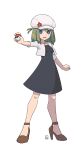  1girl :d black_dress blue_eyes breasts brown_footwear cabbie_hat collarbone cropped_jacket dress full_body green_eyes hat high_heels holding holding_poke_ball jacket looking_at_viewer medium_breasts muu_(mumumer) open_clothes open_jacket original poke_ball poke_ball_(basic) pokemon shoes short_sleeves simple_background smile solo standing white_background white_headwear white_jacket yunomiya_agari 