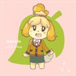  1girl animal_crossing blonde_hair bow character_name chocomiru commentary dog_girl english_commentary full_body green_skirt isabelle_(animal_crossing) looking_at_viewer paw_print paw_print_background personification red_bow skirt smile solo tail yellow_fur 