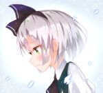  1girl absurdres ascot black_ascot black_hairband blush closed_mouth from_side green_eyes hairband highres holy-san_(makuu) konpaku_youmu simple_background solo touhou upper_body white_background 