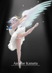  1girl amane_kanata angel angel_wings ballerina ballet ballet_slippers bare_shoulders black_background blue_hair colored_inner_hair dress feathered_wings grey_hair highres hololive leotard multicolored_hair rynn_020 short_hair solo streaked_hair violet_eyes virtual_youtuber wings 