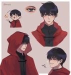  1boy artist_name black_hair black_shirt blush border bug butterfly chibi cloak closed_eyes closed_mouth dok-ja_kim english_commentary english_text frown grey_eyes hair_between_eyes hair_over_eyes highres hood hood_down hood_up hooded_cloak is_this_a_pigeon_(meme) long_sleeves looking_at_viewer male_focus meme mixed-language_commentary multiple_views omniscient_reader&#039;s_viewpoint open_mouth pink_background red_cloak shirt short_hair simple_background smile upper_body vietnamese_commentary white_border yellow_butterfly yuugji 