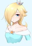  1girl aqua_eyes bare_shoulders blonde_hair blue_background blue_dress blush brooch closed_mouth crown dress earrings hair_ornament highres jewelry long_hair looking_at_viewer rosalina shiny shiny_hair solo super_mario_bros. super_mario_galaxy super_mario_galaxy_2 super_smash_bros. tomatomiya upper_body 