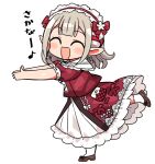  1girl :d ^_^ bangs blush_stickers brown_footwear closed_eyes commentary_request elu_(nijisanji) facing_viewer grey_hair kanikama meme nijisanji outstretched_arms palms_together pointy_ears puffy_short_sleeves puffy_sleeves red_shirt red_skirt sakana~_(meme) shirt shoes short_sleeves simple_background skirt smile socks solo standing standing_on_one_leg translation_request virtual_youtuber white_background white_socks 
