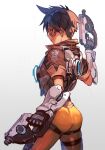  1girl ass bangs bodysuit bomber_jacket breasts brown_eyes brown_hair chest_harness cowboy_shot dual_wielding from_behind goggles gun hankuri harness holding jacket looking_at_viewer medium_breasts orange_bodysuit orange_goggles overwatch overwatch_1 short_hair smile solo spiky_hair standing tracer_(overwatch) weapon 