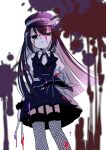  1girl alina_gray ayumaru_(art_of_life) bangs black_bow black_headwear black_necktie black_thighhighs black_vest blood blood_on_face blood_splatter blunt_ends bow brooch chain collar cross_tie detached_collar fishnet_thighhighs fishnets fur-trimmed_thighhighs fur_cuffs fur_trim garter_straps hair_between_eyes hat highres jewelry lapels long_hair magia_record:_mahou_shoujo_madoka_magica_gaiden magical_girl mahou_shoujo_madoka_magica miniskirt multicolored_hair necktie notched_lapels peaked_cap pleated_skirt puffy_short_sleeves puffy_sleeves see-through see-through_sleeves short_sleeves sidelocks skirt sleeve_cuffs solo straight_hair streaked_hair striped striped_skirt thigh-highs v-neck vertical-striped_skirt vertical_stripes very_long_hair vest waist_bow white_collar white_sleeves 