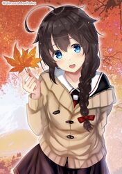  1girl absurdres ahoge blue_eyes brown_hair brown_skirt brown_sweater hair_between_eyes highres himura_moritaka holding holding_leaf kantai_collection leaf looking_at_viewer medium_hair open_mouth outdoors shigure_(kancolle) shigure_kai_ni_(kancolle) skirt smile solo sweater twitter_username 