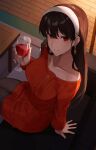  1girl arm_support bangs black_hair black_thighhighs breasts collarbone commentary_request cup dress drinking_glass earrings from_above hair_between_eyes hairband highres holding holding_cup indoors jewelry long_hair long_sleeves looking_at_viewer nasubin_(nasubisamurai15) off-shoulder_sweater off_shoulder on_chair red_dress red_eyes sitting smile solo spy_x_family sunlight sweater sweater_dress table thigh-highs white_hairband wine_glass yor_briar 