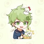  1boy :d :o amami_rantarou animal bangs book cropped_torso danganronpa_(series) danganronpa_v3:_killing_harmony ear_piercing earrings frog ghost green_eyes green_hair hair_ornament jewelry male_focus messy_hair necklace notice_lines open_book open_mouth piercing reading ring shirt short_hair signature simple_background smile solo starko striped striped_shirt v 