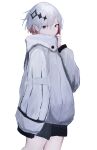  1girl absurdres bangs blue_eyes closed_mouth coat expressionless grey_hair hair_ornament hand_up high_collar highres jacket looking_at_viewer original pikuson short_hair shorts simple_background solo standing white_background white_jacket winter_clothes winter_coat 