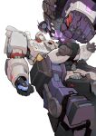  blue_flower chinese_commentary clenched_hand clenched_teeth decepticon fighting flower highres holding holding_flower looking_up lying mecha megatron megatron_(idw) on_back red_eyes robot science_fiction tarn teeth the_transformers_(idw) transformers vetania white_background 