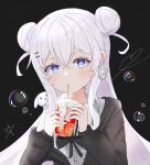  +_+ 1girl alternate_costume azur_lane bangs black_background black_jacket black_ribbon blue_eyes blue_nails bubble buttons crossed_bangs cup disposable_cup double_bun drinking_straw drinking_straw_in_mouth english_commentary hair_between_eyes hair_bun highres hoangryu jacket le_malin_(azur_lane) long_sleeves looking_at_viewer nail_polish neck_ribbon off_shoulder open_clothes open_jacket ribbon shirt sidelocks solo upper_body white_hair white_shirt 