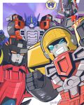  ? arrow_(symbol) autobot blue_eyes clenched_hands decepticon highres hot_shot_(transformers) looking_at_viewer looking_to_the_side mecha megatron one_eye_closed open_mouth optimus_prime orange_eyes robot smile starscream surprised thought_bubble tolliver transformers transformers_armada twitter_username wheel 