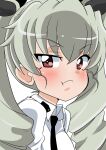  1girl :t absurdres anchovy_(girls_und_panzer) angry anzio_school_uniform bangs black_necktie black_ribbon brown_eyes closed_mouth commentary dress_shirt drill_hair frown girls_und_panzer glaring green_hair hair_ribbon highres long_hair looking_at_viewer necktie no_cape portrait ribbon school_uniform shirt simple_background solo twin_drills twintails wakku_kan white_background white_shirt wing_collar 