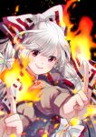  1girl bangs bow brown_shirt buttons closed_mouth collared_shirt commentary_request fire fujiwara_no_mokou hair_bow highres long_hair long_sleeves mokoiscat pants red_eyes red_pants shirt sleeve_garter solo suspenders touhou very_long_hair white_hair white_shirt 