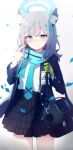  1girl absurdres animal_ear_fluff animal_ears bag blue_archive blue_necktie blue_scarf cross_hair_ornament gloves green_gloves hair_ornament halo highres id_card liyom mismatched_pupils necktie pointing pointing_at_self scarf school_uniform shiroko_(blue_archive) single_glove solo 