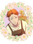  1boy apron blush bouquet brown_eyes collarbone flower frown highres male_focus orange_hair shadow_(sk8) simple_background sk8_the_infinity solo sweatdrop white_background yoshii_alpha2 