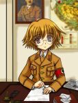  1girl bangs blonde_hair brown_jacket buttons closed_mouth collared_shirt commentary_request envelope glasses holding holding_pen indoors jacket kugi_miyachuu long_sleeves looking_at_viewer map md5_mismatch military military_uniform nazi necktie newspaper paper pen portrait_(object) shirt short_hair smile solo to_heart_2 uniform upper_body white_shirt writing yamada_michiru 