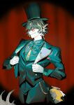  arknights cowboy_shot curtains dragon_boy dragon_tail formal glasses gloves hat highres lee_(arknights) necktie official_alternate_costume orange-tinted_eyewear pointy_ears red_curtains suit tagme tail tangtangtangtangsheng tinted_eyewear top_hat white_gloves 