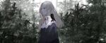  1girl absurdres bird blue_eyes closed_mouth dress expressionless forest from_side headless highres jewelry long_hair mole mole_under_eye nature necklace original outdoors piercing pikuson plant scenery solo tree white_background white_hair 