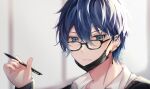  1boy blue_eyes blue_hair ear_piercing glasses highres hiiragi_(hr_ccr) holding holding_pen looking_at_viewer male_focus mask mouth_mask open_mouth original pen piercing short_hair solo sweatdrop teeth 