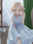  1boy bangs blonde_hair crossdressing crossed_bangs dress eeeeeiti_aka electric_fan hair_between_eyes highres male_focus original otoko_no_ko red_eyes short_hair sleeveless sleeveless_dress sundress white_dress 