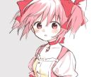  1girl arms_at_sides boyano breasts buttons center_frills choker close-up collarbone dot_nose expressionless facing_viewer floating_hair frills grey_background hair_ribbon kaname_madoka light_blush looking_afar mahou_shoujo_madoka_magica parted_lips pink_choker pink_eyes pink_hair pink_ribbon puffy_short_sleeves puffy_sleeves ribbon ribbon_choker short_sleeves short_twintails simple_background small_breasts solo soul_gem tareme twintails two-tone_background upper_body white_background wide-eyed 