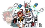 2girls absurdres black_hairband blue_eyes clothed_robot dark-skinned_female dark_skin english_text funnels_(gundam) green_eyes green_jacket grey_eyes grey_hair gundam gundam_aerial gundam_suisei_no_majo hair_behind_ear hair_between_eyes hairband highres holding_another&#039;s_arm jacket long_hair mecha meme_attire miorine_rembran mobile_suit multiple_girls oatmegaplus pout projected_inset redhead robot science_fiction shirt short_hair suletta_mercury tearing_up v-fin white_background white_jacket white_shirt 