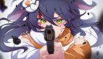  1girl abck8a9ra5m5pr aiming_at_viewer animal_ears apex_legends b3_wingman bangs black_hair blood blood_on_face blurry blurry_foreground chinese_commentary commentary_request duck_hair_ornament film_grain floating_hair geebar glaring green_eyes gun hair_between_eyes handgun highres holding holding_gun holding_weapon hood hoodie long_hair looking_at_viewer orange_hoodie original personification straight-on tearing_up tears two-tone_hoodie weapon white_background white_hoodie 
