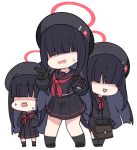  3girls :d beret black_footwear black_gloves black_hair black_headwear black_sailor_collar black_serafuku black_shirt black_skirt black_socks blue_archive chibi commentary_request facing_viewer gloves hair_over_eyes halo hat holding justice_committee_club_member_(blue_archive) long_hair long_sleeves multiple_girls neckerchief nervous_smile nyaru_(nyaru_4126) pleated_skirt red_neckerchief sailor_collar school_briefcase school_uniform serafuku shirt shoes simple_background skirt smile socks standing sweat v very_long_hair white_background 