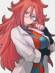  1girl android_21 black-framed_eyewear black_sleeves blue_eyes breasts checkered_clothes checkered_dress dragon_ball dragon_ball_fighterz dress glasses grey_background hair_between_eyes jewelry kemachiku labcoat large_breasts long_hair looking_at_viewer parted_lips redhead ring simple_background solo 