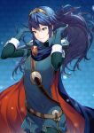  1girl ameno_(a_meno0) belt blue_cape blue_eyes blue_hair brown_belt cape closed_mouth fire_emblem fire_emblem_awakening floating_hair hands_in_hair hands_up long_hair lucina_(fire_emblem) red_cape solo tiara two-sided_cape two-sided_fabric wavy_hair 