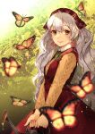  1girl blurry blurry_foreground bug butterfly closed_mouth dress earrings green_eyes green_ribbon grey_hair highres holding jewelry long_hair long_sleeves looking_at_viewer neck_ribbon original osmanthus pinafore_dress red_dress red_headwear ribbon shiny shiny_hair smile solo standing suzuri_suzuna sweater very_long_hair yellow_sweater 