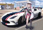  1girl ar-57_(girls&#039;_frontline) assault_rifle bird boat breasts car dancing_wolf dodge_viper girls_frontline ground_vehicle gun hat highres motor_vehicle parking_lot rifle sailboat seagull solo watercraft weapon 