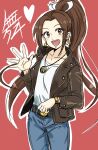  1girl :d absurdres belt blue_pants brown_eyes brown_hair brown_jacket casual earrings heart highres jacket jewelry long_hair necklace pants ponytail red_background shiranui_mai shirt simple_background smile solo tennzikiyu the_king_of_fighters watch watch white_shirt 