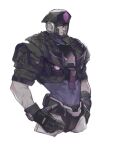  1boy absurdres beret black_gloves black_hair black_headwear black_jacket body_armor chinese_commentary cropped_legs decepticon gloves grey_pants hair_between_eyes hands_on_hips hat highres humanization jacket looking_at_viewer male_focus metal_gloves pants purple_shirt red_eyes shirt solid_eyes solo tarn the_transformers_(idw) transformers vetania white_background 